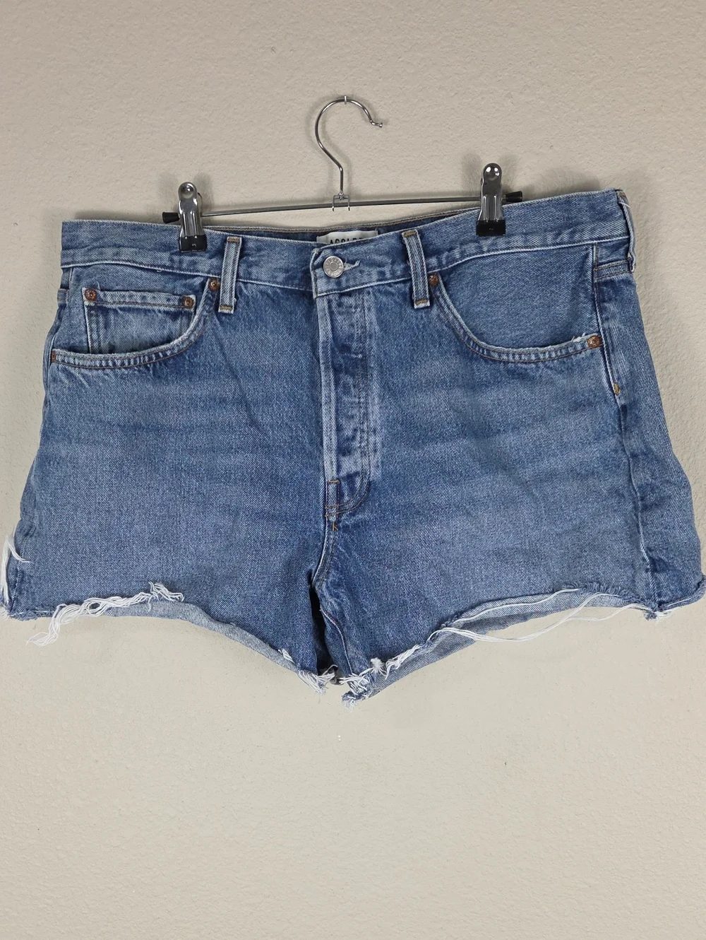 Agolde Parker long shorts Skywave Blue Denim Cutoff Shorts Size 32 Raw Hem